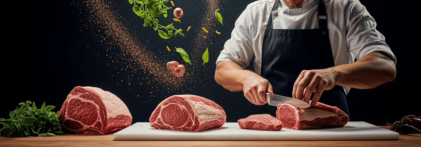 Chef cutting premium steaks